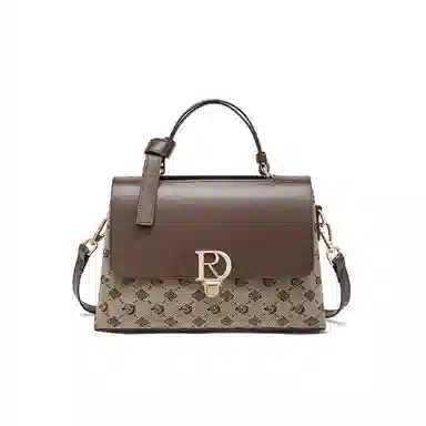 红蜻蜓 经典复古拼接简约高级感 字母小众设计百搭 织物 女包手提斜挎单肩包 春夏季 中号 女款 咖啡色/棕色