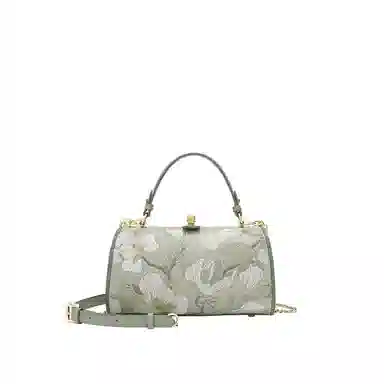 古伊西 玉兰满庭芳 新中式国风刺绣工艺 牛皮 斜挎包 中号 女款 柳芽绿