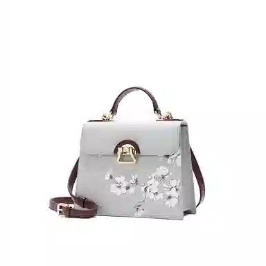 古伊西 玉兰系列 新中式国风玉兰花印花工艺戴妃包 牛皮 小众高级感旗袍手提通勤斜挎包 中号 女款 浅灰色