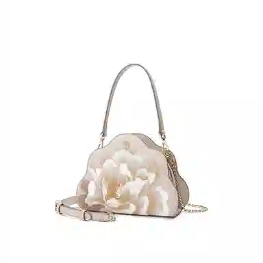 古伊西 国色牡丹云朵包 中国风刺绣工艺 牛皮 新中式简约小众手提斜挎单肩包中号 女款 石蕊红