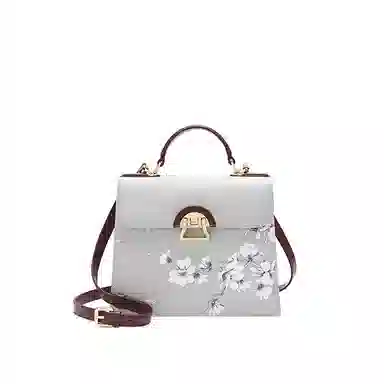 古伊西 玉兰系列 新中式国风玉兰花印花工艺戴妃包 牛皮 小众高级感旗袍手提通勤斜挎包 中号 女款 浅灰色