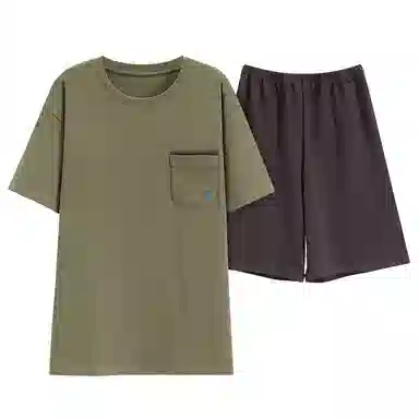 莫代尔 圆领简约舒适短袖上衣松紧腰纯色五分裤睡衣套装 男款 橄榄色