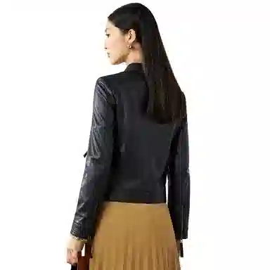 富铤 立领短款纯色皮衣 女款 黑色