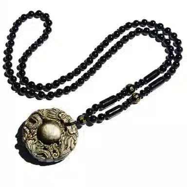 易明居 双龙护主 霸气招财 新中式十二生肖 守护神项链 六字真言转运珠  黑曜石 玉石吊坠 男女同款情侣款 佛牌 生日 男友 礼物