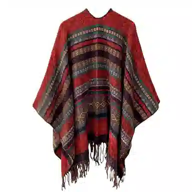 北极绒 复古流苏条纹民族风保暖披风 披肩 女款