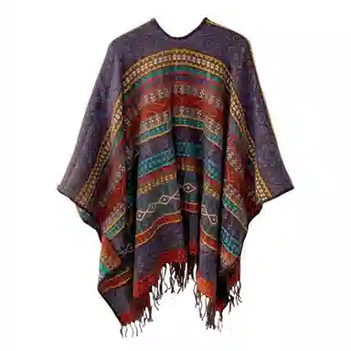 北极绒 复古流苏条纹民族风保暖披风 披肩 女款