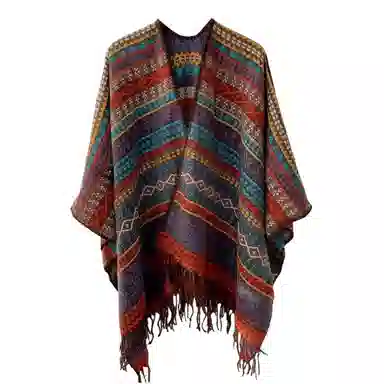 北极绒 复古流苏条纹民族风保暖披风 披肩 女款