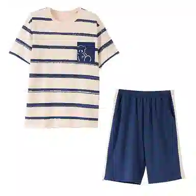 莫代尔 薄款韩版卡通条纹短袖五分裤家居服可外穿睡衣套装 男款 杏色