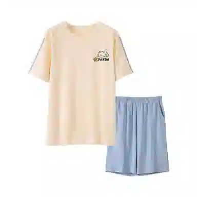 莫代尔 简约时尚卡通小熊舒适透气短袖休闲可外穿五分裤睡衣套装 男款 杏色