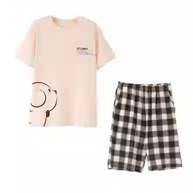 莫代尔 薄款舒适亲肤韩版卡通时尚经典短袖五分裤家居服可外穿睡衣套装 男款 杏色