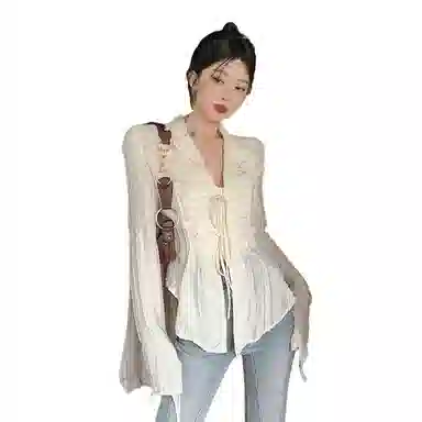 JUFU V-Neck Long Sleeve Shirt Beige