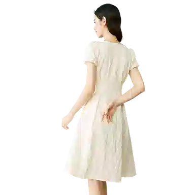 晚白 纯色方领中长款简约短袖连衣裙 女款 杏色