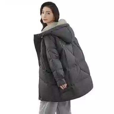 鸭鸭 纯色连帽中长款加厚保暖拉链羽绒服 女款