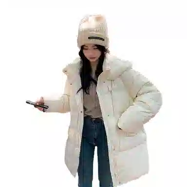 鸭鸭 宽松连帽中长款纯色羽绒服 女款