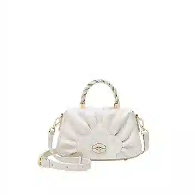 古伊西国 喜上梅梢新中式褶皱小方包 中国风刺绣工艺 牛皮 编织手提设计 复古旗袍斜挎包 小号 女款 芡实白