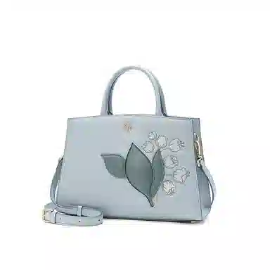 古伊西 铃兰系列新中式大容量手提包 中国风铃兰花刺绣工艺牛剖层皮革高级感大气妈妈包中年斜挎包 中号 女款 云水蓝