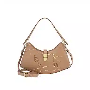 古伊西 游鱼若空新中式 中国风刺绣工艺小众绣花 牛皮 法棍包单肩包 小号 女款 亚棕色