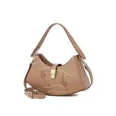 古伊西 游鱼若空新中式 中国风刺绣工艺小众绣花 牛皮 法棍包单肩包 小号 女款 亚棕色