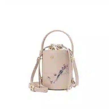 古伊西 喜鹊鸣枝新中式圆筒包 中国风印花工艺 牛皮 旗袍手提包单肩斜挎包 小号 女款 淡樱粉