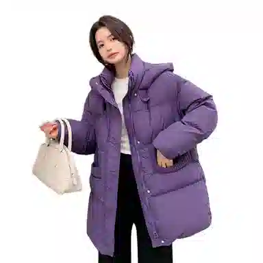 鸭鸭 宽松连帽中长款纯色羽绒服 女款