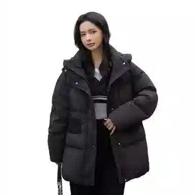 鸭鸭 宽松连帽中长款纯色羽绒服 女款