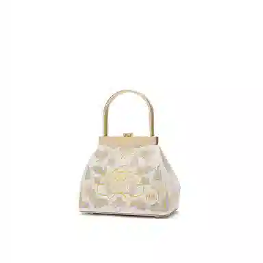 古伊西 繁花似锦新中式公主包 中国风刺绣工艺 牛皮 旗袍汉服口金手提包 小号 女款 米白