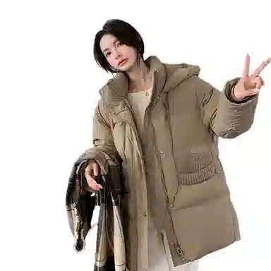 鸭鸭 宽松连帽中长款纯色羽绒服 女款