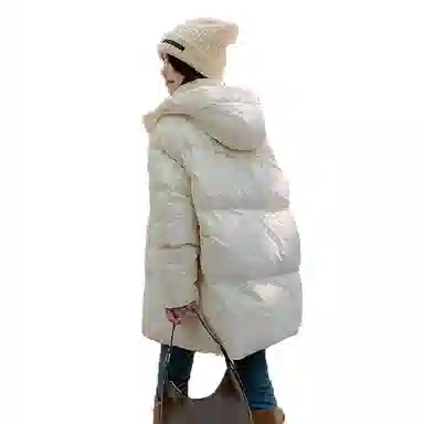 鸭鸭 宽松连帽中长款纯色羽绒服 女款