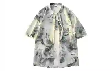 功夫熊猫 港风高街潮牌手绘字母印花水墨扎染撞色系薄纱外套显瘦百搭排扣设计时尚宽松休闲凉感速干短袖衬衫 男女同款