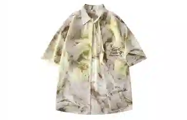 功夫熊猫 港风高街潮牌手绘字母印花水墨扎染撞色系薄纱外套显瘦百搭排扣设计时尚宽松休闲凉感速干短袖衬衫 男女同款