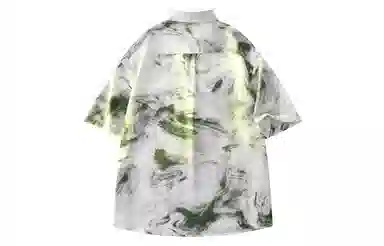 功夫熊猫 港风高街潮牌手绘字母印花水墨扎染撞色系薄纱外套显瘦百搭排扣设计时尚宽松休闲凉感速干短袖衬衫 男女同款