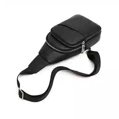 老人头 高级百搭真皮时尚 头层牛皮 单肩斜挎胸包 男款 黑色