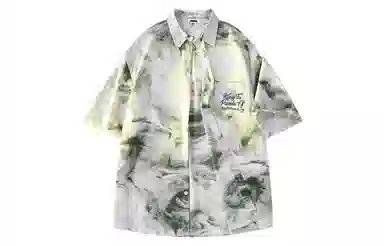 功夫熊猫 港风高街潮牌手绘字母印花水墨扎染撞色系薄纱外套显瘦百搭排扣设计时尚宽松休闲凉感速干短袖衬衫 男女同款