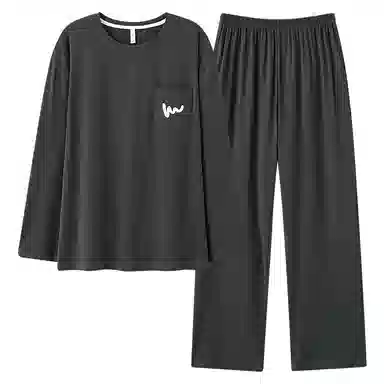 鸭鸭 舒适柔软透气圆领长袖可外穿简约套头上衣松紧腰长裤睡衣套装 男款 岩灰