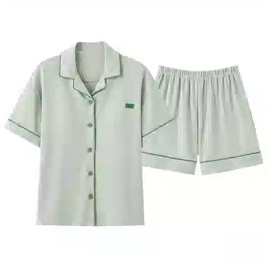 莫代尔 简约时尚纯色亲肤舒适翻领开衫短袖上衣松紧休闲可外穿三分裤睡衣套装 女款 果绿色