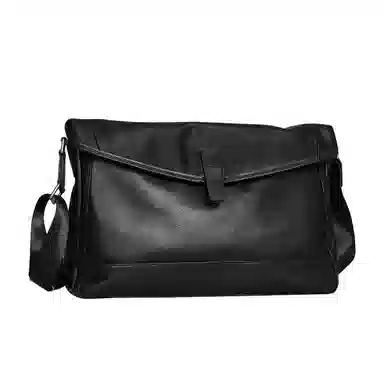 老人头 商务磁扣开合休闲 牛皮 单肩包 男款 黑色