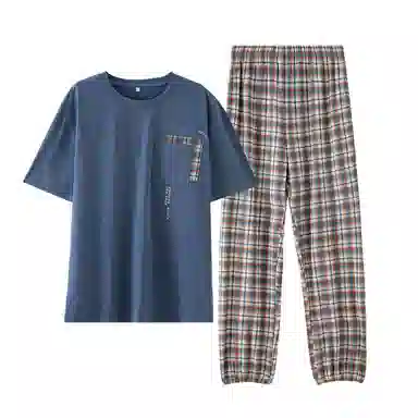 梦特娇 薄款短袖复古宽松长裤 舒适家居服两件套 高级感口袋小众设计 休闲风可外穿柔软亲肤凉感棉睡衣套装 夏季 男款 格子蓝