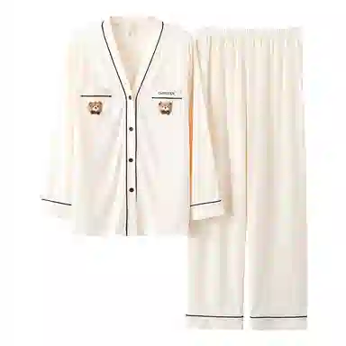 莫代尔 纯棉细腻纽扣不伤手舒适亲肤柔软透气微弹开衫长袖松紧裤腰不勒腹长裤居家休闲可外穿睡衣套装 女款 杏色