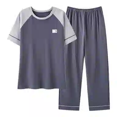 莫代尔 时尚纯色韩系舒适透气亲肤圆领套头短袖上衣双口袋松紧带长裤居家休闲可外穿睡衣套装 男款 图片色