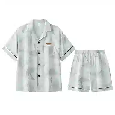 兰缪 简约凉感休闲可外穿短袖翻领上衣松紧腰短裤睡衣套装 男款 高级黑