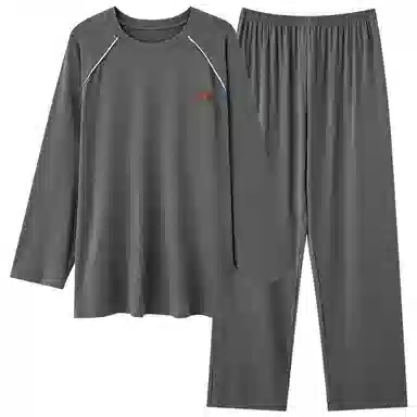 莫代尔 休闲居家韩系纯色舒适时尚透气亲肤套头圆领长袖上衣双口袋松紧带长裤可外穿男士睡衣套装 男款 灰色
