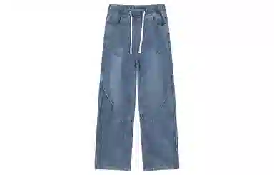 美式复古高街风显高显瘦垂感休闲阔腿经典百搭褶皱设计纯色基础款中腰潮流百搭抽绳宽松直筒裤做旧简约舒适系带牛仔裤 男女同款