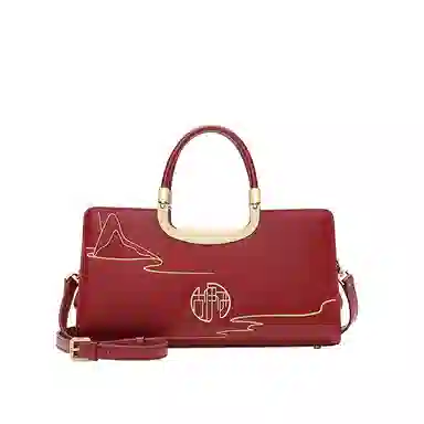 古伊西 云山绵延新中式大气妈妈包 中国风刺绣工艺 牛皮 红色结婚新娘包高级感婚礼手提包 中号 女款 开门红