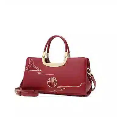 古伊西 云山绵延新中式大气妈妈包 中国风刺绣工艺 牛皮 红色结婚新娘包高级感婚礼手提包 中号 女款 开门红