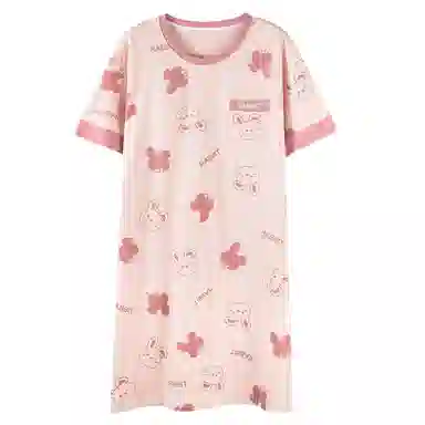 莫代尔 柔软舒适细腻透气微弹耐磨带胸垫防凸点亲肤休闲可外穿短袖睡裙 女款 淡粉色