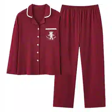 莫代尔 舒适时尚小熊印花开衫翻领长袖带胸垫可外穿秋冬睡衣套装 女款 酒红色