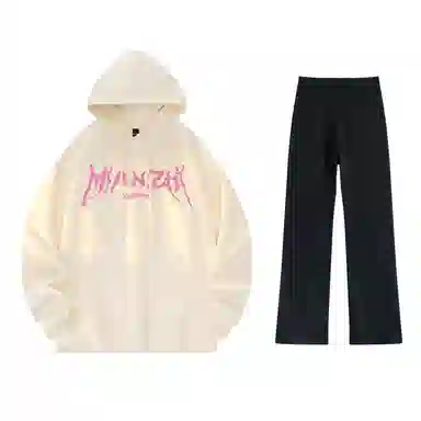 棉致 美式高街闪电字母印花宽松休闲百搭套头落肩长袖上衣水洗做旧微喇牛仔裤连帽卫衣套装 男女同款