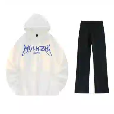 棉致 美式高街闪电字母印花宽松休闲百搭套头落肩长袖上衣水洗做旧微喇牛仔裤连帽卫衣套装 男女同款