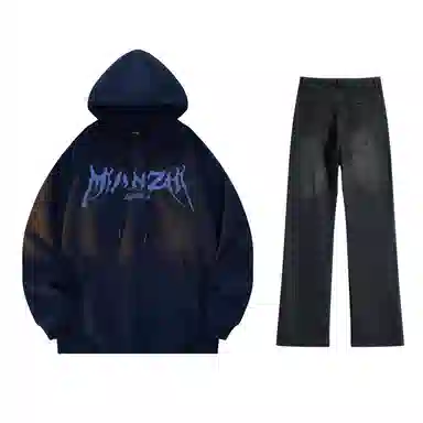 棉致 美式高街闪电字母印花宽松休闲百搭套头落肩长袖上衣水洗做旧微喇牛仔裤连帽卫衣套装 男女同款