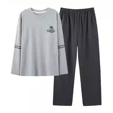 莫代尔 纯色简约亲肤休闲套头圆领长袖长裤可外穿睡衣套装 男款 浅花灰